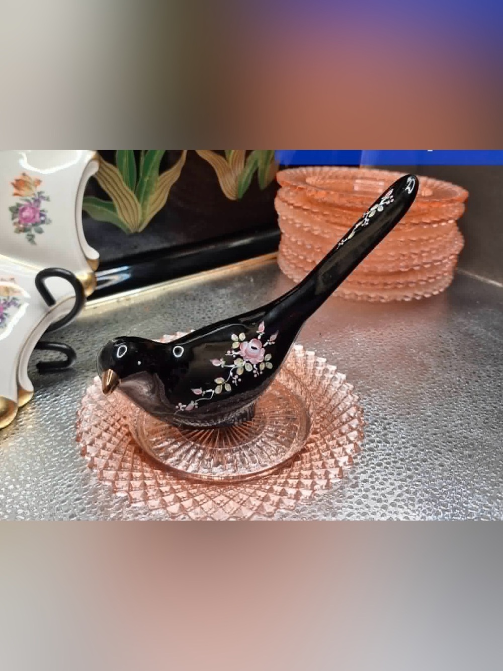 Fenton Black Ebony Glass Bird of Happiness Hand-painted Pink Roses by LAUDERMAN